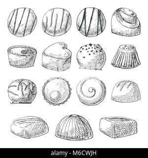 Chocolate sweets of different shapes and sizes. Hand drawn a set of chocolates. Vector illustration of a sketch style. Stock Vector