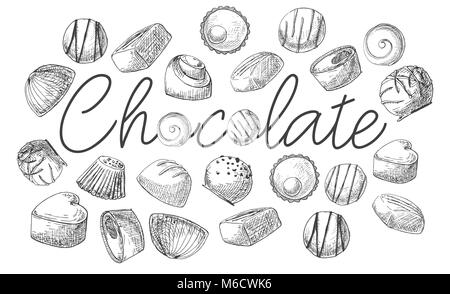 The poster with the inscription lollipop. Hand drawn different sweets. Vector illustration of a sketch style. Stock Vector