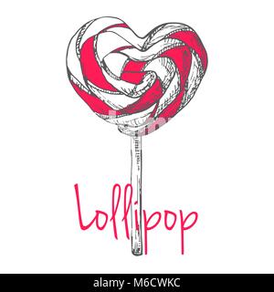 Hand drawn lollipop in the shape of heart isolated on white background. Vector illustration of a sketch style. Stock Vector