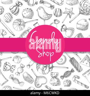 Hand drawn a seamless pattern with different sweets. Vector illustration of a sketch style. Seamless pattern for a shop with sweets. Stock Vector