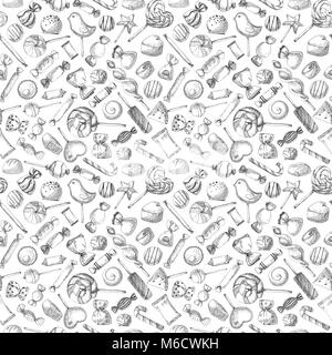 Hand drawn a seamless pattern with different sweets. Illustration of a sketch style Stock Photo