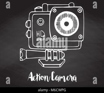 Sport camera, action camera hand drawn on a chalkboard.. Vector illustration in sketch style. Stock Vector