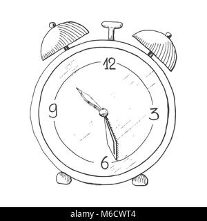 Hand drawn alarm clock isolated on white background. Vector illustration of a sketch style. Stock Vector