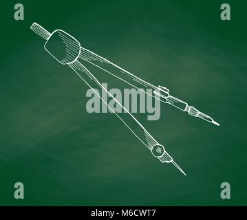 Hand drawn by Drawing Compass on a green school board. Vector illustration of a sketch style. Stock Vector