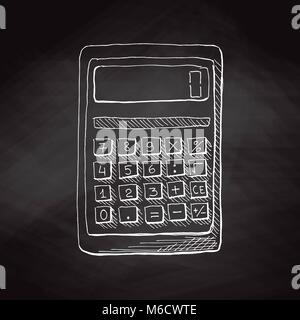 Hand drawn calculator on black chalkboard. Vector illustration in sketch style. Stock Vector