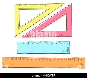 Hand drawn a set of rulers and triangles. Vector illustration of a sketch style. Stock Vector