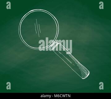 Hand drawn a magnifying glass on a green school board. Vector illustration in sketch style. Stock Vector