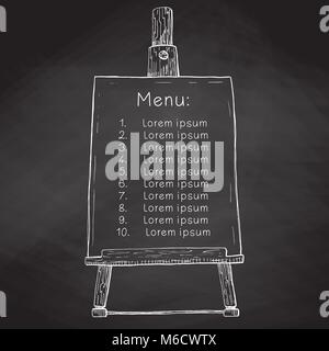 Hand drawn easel with a canvas with space to your text. Easel on a black chalkboard. Vector illustration of a sketch style. Stock Vector