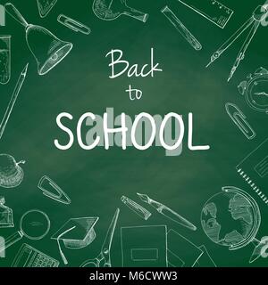 Green school chalkboard with the words Back to School. Vector illustration of a sketch style. Stock Vector