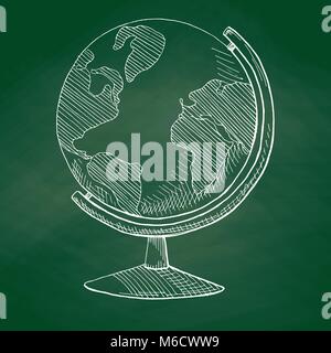 Hand drawn globe on a green school board. Vector illustration of a sketch style. Stock Vector