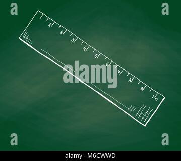 Hand drawn a ruler on a green school board. Vector illustration of a sketch style. Stock Vector