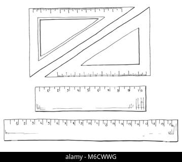 Hand drawn a set of rulers and triangles. Vector illustration of a sketch style. Stock Vector