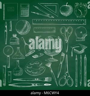 Hand drawn different school supplies on a green school chalkboard. Vector illustration of a sketch style. Stock Vector