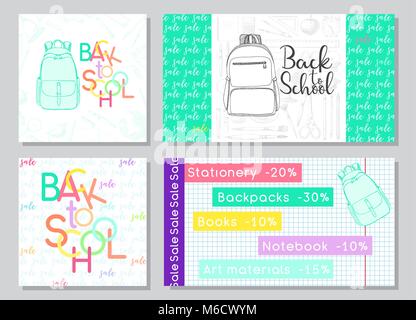 Set of cards for a school sale. Hand drawn school supplies. Vector illustration in sketch style. Stock Vector