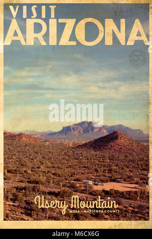 Vintage travel poster showing an arial view over  Usery Mountain regional park outside phoenix in Maricopa Country, Arizona Stock Photo