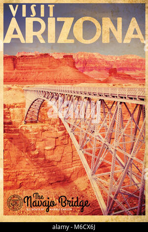 Vintage style travel poster advertisement  of the Navajo bridge spanning Marble Canyon in Northern Arizona (near Page) Stock Photo