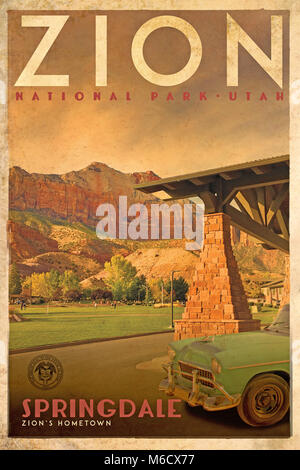 Vintage travel poster or advertisement of Zion National Park Utah United States of America (3 in the series) Stock Photo