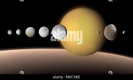 Like Jupiter, Saturn is surrounded by a large system of varied satellites. This composite shows the nine largest on the same scale. From left to right, in order of increasing distance from Saturn, they are: Mimas, Enceladus, Tethys, Dione, Rhea, Titan, Hyperion, Iapetus and Phoebe. For comparison, our Moon is about 67 per cent the size of Titan. Saturn is shown at the bottom, on the same scale. Stock Photo