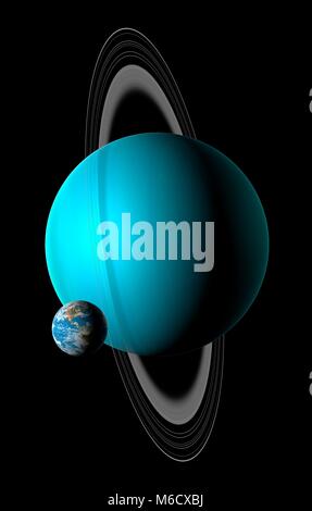 Image comparing the size of Earth (left) with the planet Uranus. Uranus is the seventh planet from the Sun, with an average distance from it of 19.2 times the Earth-Sun distance. A fluid world of mostly hydrogen and helium, it is rich in ices of methane, water and ammonia, causing some astronomers to label it (along with Neptune) an ice giant. With a diameter of four times that of the Earth, Uranus is the Solar System's third largest planet (after Jupiter and Saturn). Stock Photo