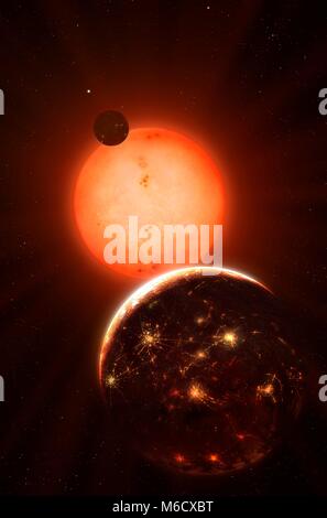 Artwork of alien technological planet. The planet is in orbit around a red dwarf star, the most common type. The red dwarf is relatively sedate, making the environment of its habitable zone conducive to life. The planet is shown with its night side brilliantly lit by major cites and technology. Stock Photo