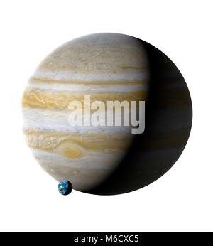 Image comparing the size of Earth (left) with the planet Jupiter. Jupiter is the fifth planet from the Sun, with an average distance from it of 5.2 times the Earth-Sun distance. Being a fluid world of mostly hydrogen and helium, astronomers label it (along with Saturn) a gas giant. With a diameter of 11.2 times that of the Earth, Jupiter is the Solar System's largest planet. Stock Photo