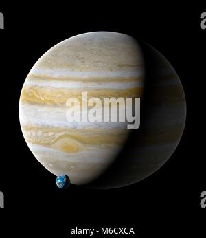 Image comparing the size of Earth (left) with the planet Jupiter. Jupiter is the fifth planet from the Sun, with an average distance from it of 5.2 times the Earth-Sun distance. Being a fluid world of mostly hydrogen and helium, astronomers label it (along with Saturn) a gas giant. With a diameter of 11.2 times that of the Earth, Jupiter is the Solar System's largest planet. Stock Photo