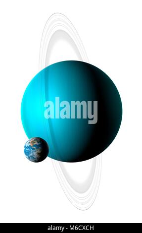 Image comparing the size of Earth (left) with the planet Uranus. Uranus is the seventh planet from the Sun, with an average distance from it of 19.2 times the Earth-Sun distance. A fluid world of mostly hydrogen and helium, it is rich in ices of methane, water and ammonia, causing some astronomers to label it (along with Neptune) an ice giant. With a diameter of four times that of the Earth, Uranus is the Solar System's third largest planet (after Jupiter and Saturn). Stock Photo