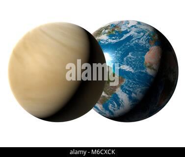 Image comparing the size of Earth (right) with the planet Venus. Venus is the second planet from the Sun, with an average distance from it of 0.72 times the Earth-Sun distance. It is also the hottest planet (despite being further from the Sun than Mercury) because its thick atmosphere of carbon dioxide has created a runaway greenhouse effect. Lead, tin and zinc would all melt on Venus. With a diameter of 95% that of the Earth, Venus is the Solar System's sixth largest planet. Stock Photo