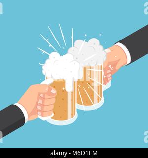 Flat 3d isometric two businessman hands clinking beer mug. Business success and celebration concept. Stock Vector