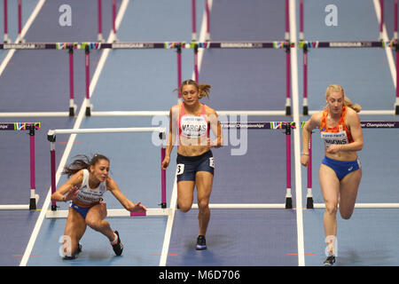 Birmingham, UK. 2nd Mar, 2018. Elisavet Pesiridou (Greece) hits her hurdle and falls hard during the IAAF World Indoor Championships. Credit: Hurdles.jpg/SOPA Images/ZUMA Wire/Alamy Live News Stock Photo