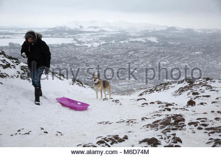 Edinburgh, United Kingdom. 2nd March, 2018. Winter snowfall affecting Arthur's Seat and Holyrood Park. A Walker with a sledge and his dog approaching the summit of Arthur's Seat. Snow covered Pentland hills can be seen in the background. Credit: Craig Brown/Alamy Live News. Stock Photo