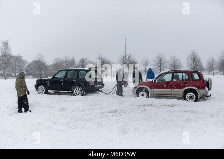 Celbridge, Kildare, Ireland. 02 Mar 2018: Ireland weather. Storm Emma brought snow and high winds across Ireland overnight with further heavy falls of snow during the day. Met Éireann has extended the Red Alert until Saturday. Stock Photo