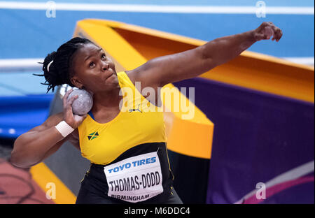 02 March 2018, Great Britain, Birmingham: IAAF World Indoor Championships in Athletics, women, shot put: Danniel Thomas-Dodd of Jamaica in action. Dodd won silver. Photo: Sven Hoppe/dpa Stock Photo
