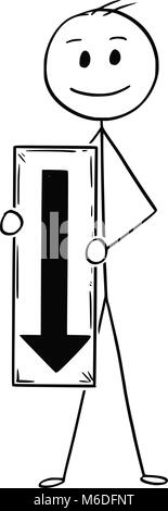 Cartoon of Businessman Holding Arrow Sign Pointing Down Stock Vector