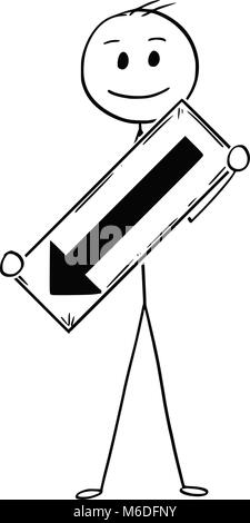 Cartoon of Businessman Holding Arrow Sign Pointing Left and Down Stock Vector