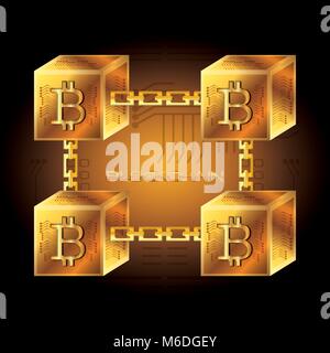 blockchain design with cubes with bitcoin symbol over black background, colorful design vector illustration Stock Vector