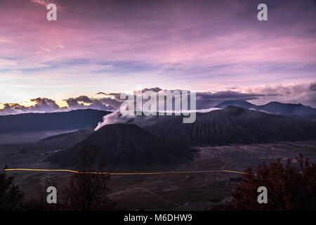 The beautiful sunrise from the faraway viewpoint of an active volcano of Mount Bromo Stock Photo