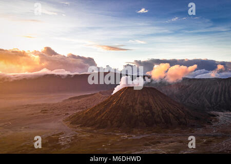 The beautiful sunrise from the faraway viewpoint of an active volcano of Mount Bromo Stock Photo