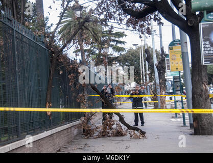 Rome, Italy. 02nd Mar, 2018. Strong gusts of wind in Rome have caused various inconveniences and the fall of some branches of trees. In Piazza della Repubblica a branch fell, causing the injury of a person waiting for the bus at the bus stop. (in the picture is taken away by an ambulance) Credit: Patrizia Cortellessa/Pacific Press/Alamy Live News Stock Photo