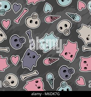 Skulls, and hearts on black background - seamless pattern Stock Vector