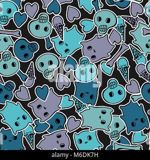 Skulls, and hearts on black background - seamless pattern Stock Vector
