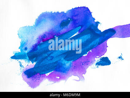 blue and violet acrylic and watercolor painting art on paper texture, abstract background, splashing, paint, ink, drop, stain Stock Photo