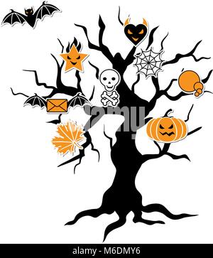 Set of cute vector Halloween icons in terrible tree Stock Vector