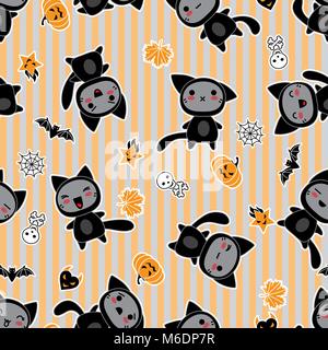 Kawaii background of Halloween-related objects and creatures Stock Vector