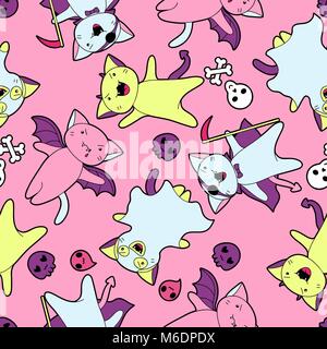 Vector kawaii pattern of Halloween cats and creatures Stock Vector