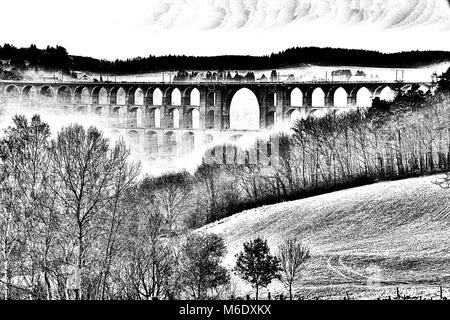 The largest brick bridge in the world, the Goeltzschtal bridge near Mylau and Netschkau in the form of a drawing. Stock Photo