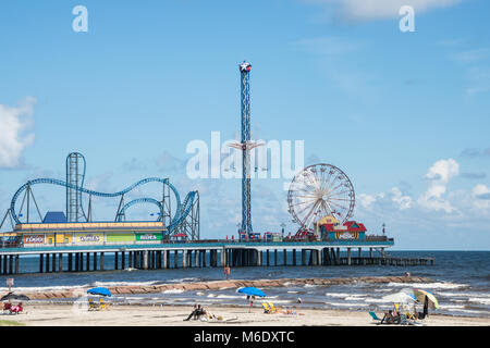 Galveston, Texas, Pleasure Pier and Beach off Seawall Stock Photo