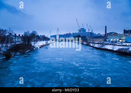 Frozen River Taff by Principality Stadium Cardiff. Stock Photo