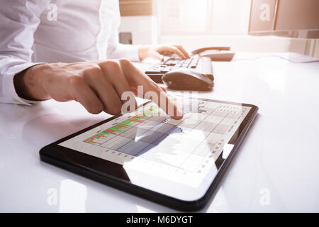 Close-up Of A Businessperson's Finger Touching Digital Tablet Screen Showing Graphs Stock Photo