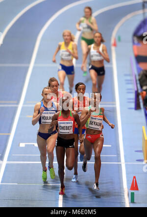 Kenya's Winny Chebet leads the Women's 1500m Heat 3 during day two of the 2018 IAAF Indoor World Championships at The Arena Birmingham. PRESS ASSOCIATION Photo. Picture date: Friday March 2, 2018. See PA story ATHLETICS Birmingham. Photo credit should read: Simon Cooper/PA Wire Stock Photo